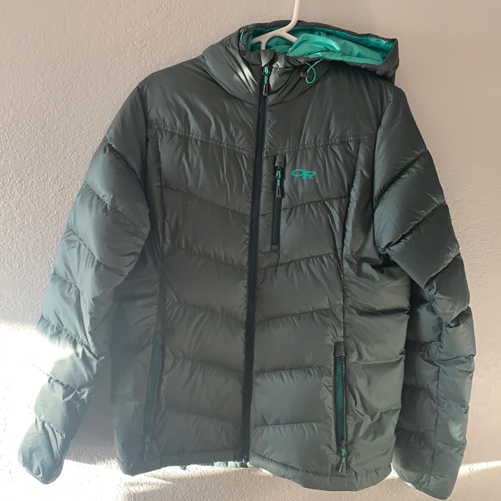 Outdoor Research Dark Green Puffer Jacket with Teal Lining